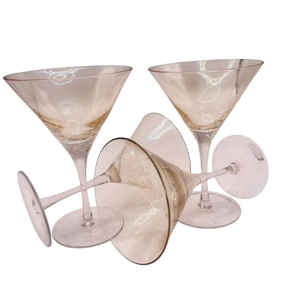 Pier 1 Blush Gold Crackle Martini Glasses Set of 4 MCM Cocktail Stemware 7.5